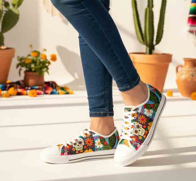 Colorful cactus skull low-top sneakers lifestyle - Day of Dead canvas shoes women gift