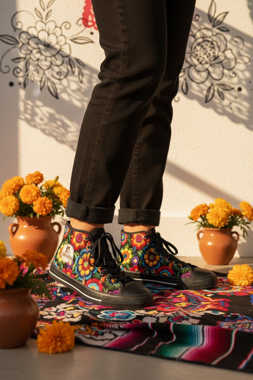 Folk art floral high-top canvas sneakers front view - bold jewel tone women's shoes
