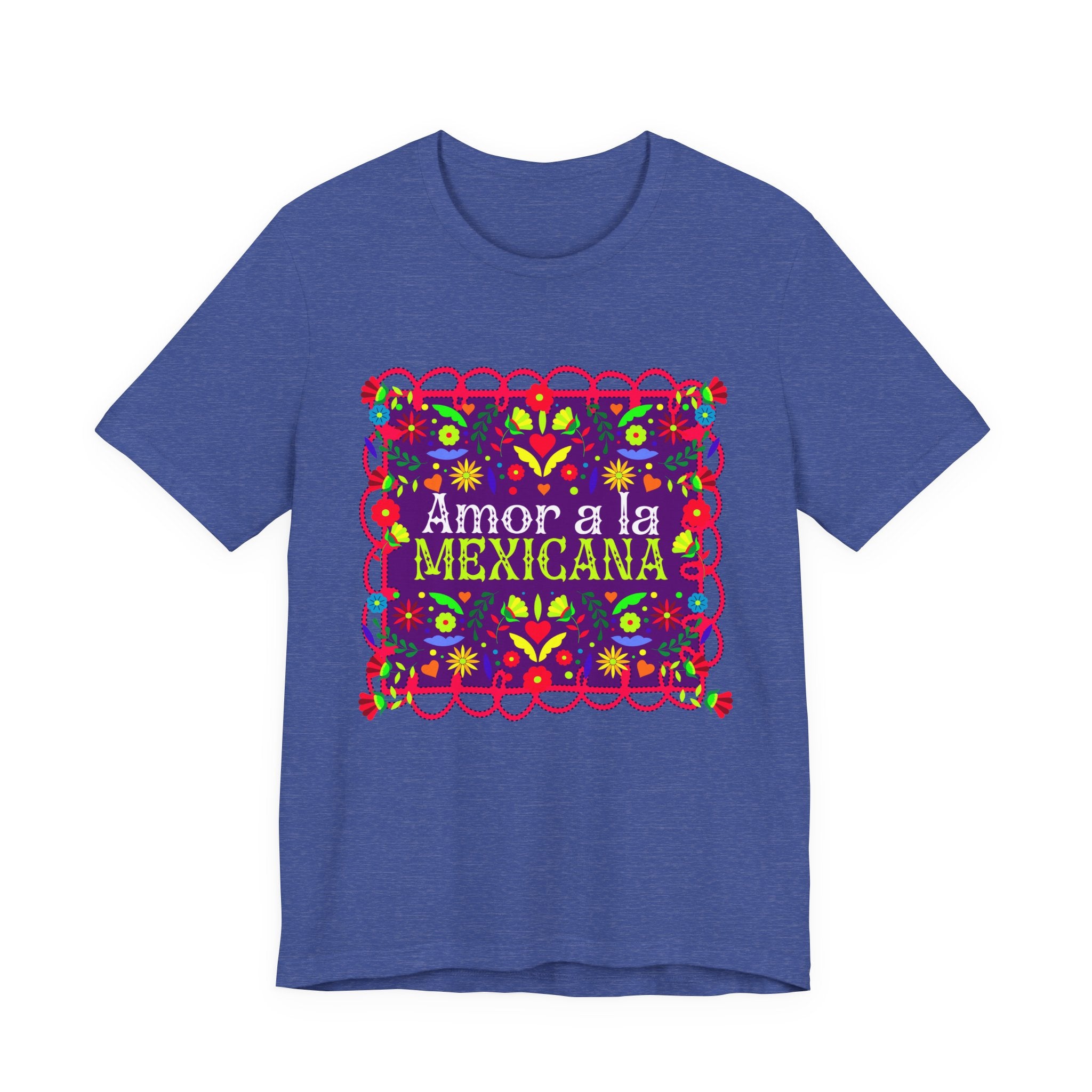 A beautiful Latina woman wearing a T-shirt with a colorful Mexican folk art design titled “Amor a la Mexicana.”