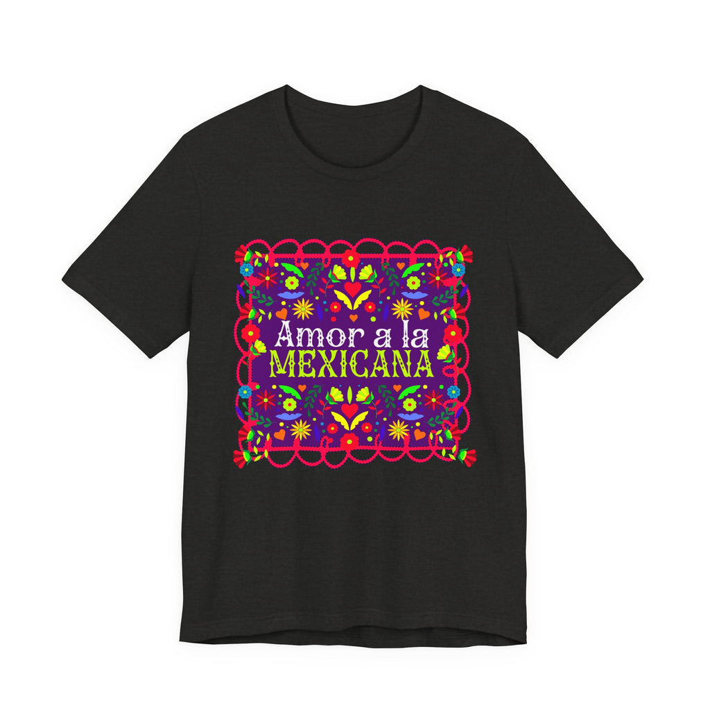 A beautiful Latina woman wearing a T-shirt with a colorful Mexican folk art design titled “Amor a la Mexicana.”