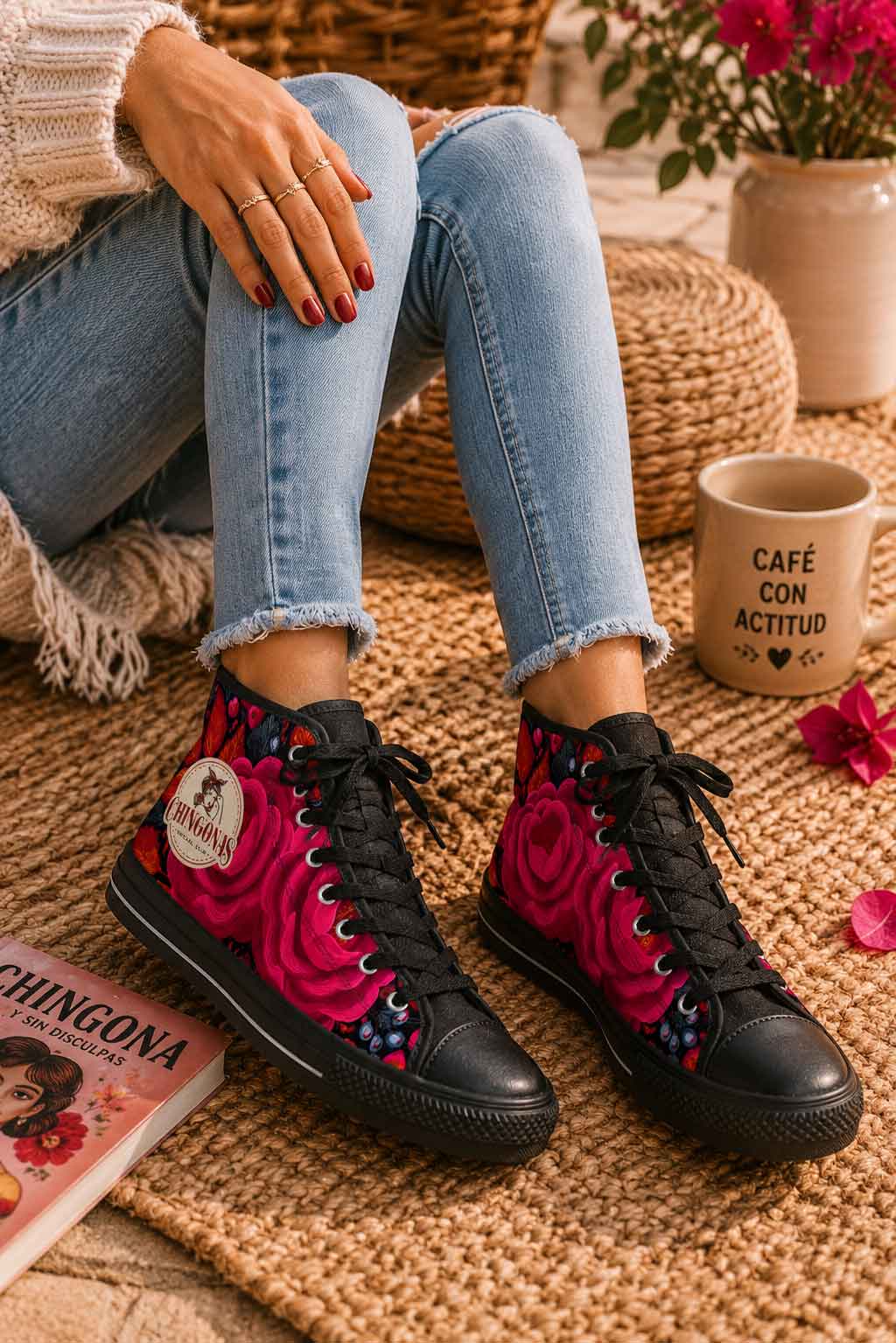 Pink Rose Floral High-Top Sneakers | Bold Botanical Women's Canvas Shoes