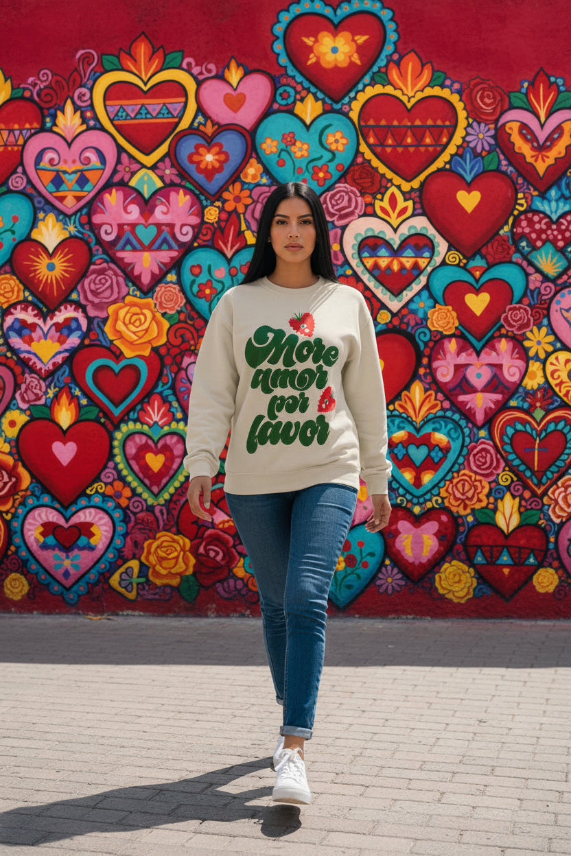 Crewneck Sweatshirt — "More Amor Por Favor" Retro Script with Heart Strawberries