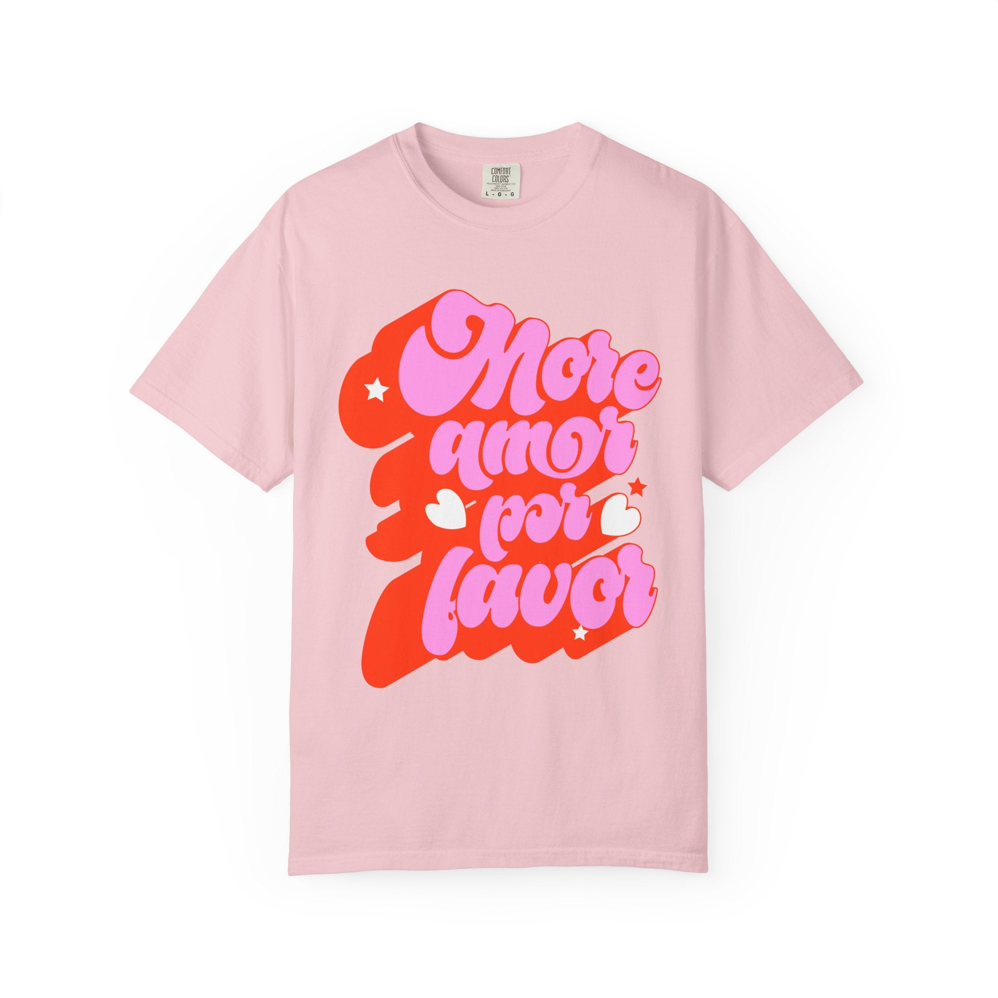 More Amor Por Favor tee in graphite - bold coral pink print on dark fabric