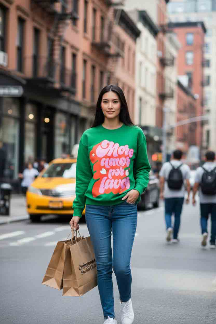 Women's cozy crewneck sweatshirt with More Amor Por Favor design.