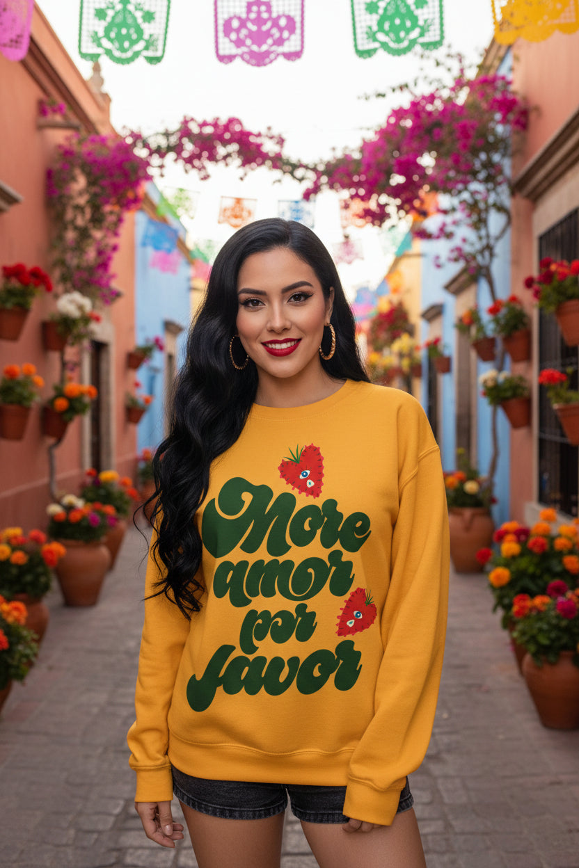 More Amor Por Favor sweatshirt detail - retro hand-lettered strawberry heart amor design