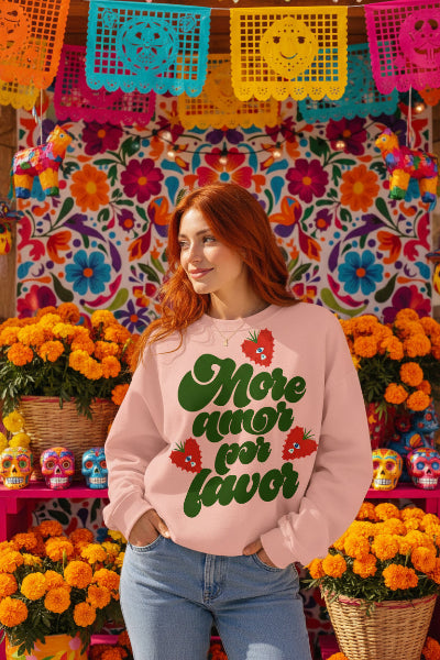 More Amor Por Favor crewneck light blue - retro strawberry heart Latina pullover sweatshirt