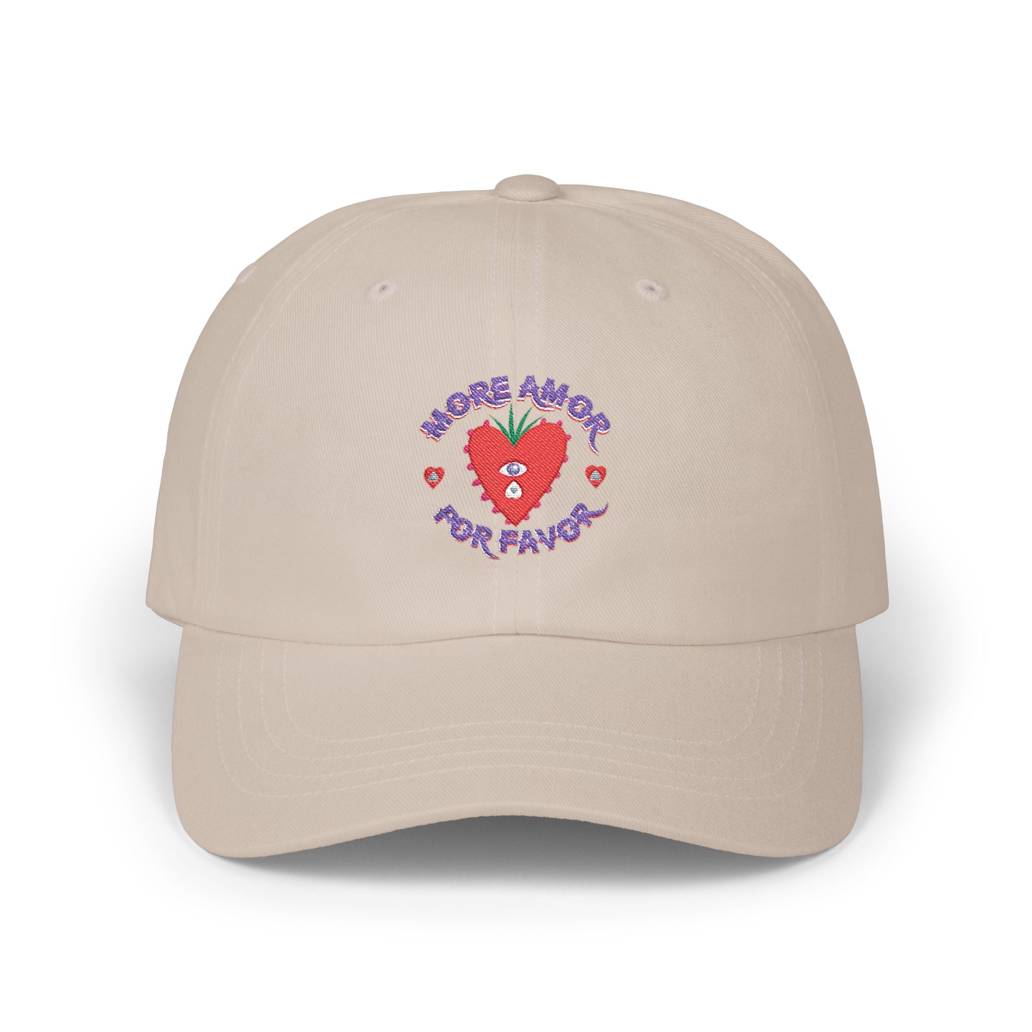 More Amor Por Favor light blue dad cap - embroidered strawberry amor unisex hat