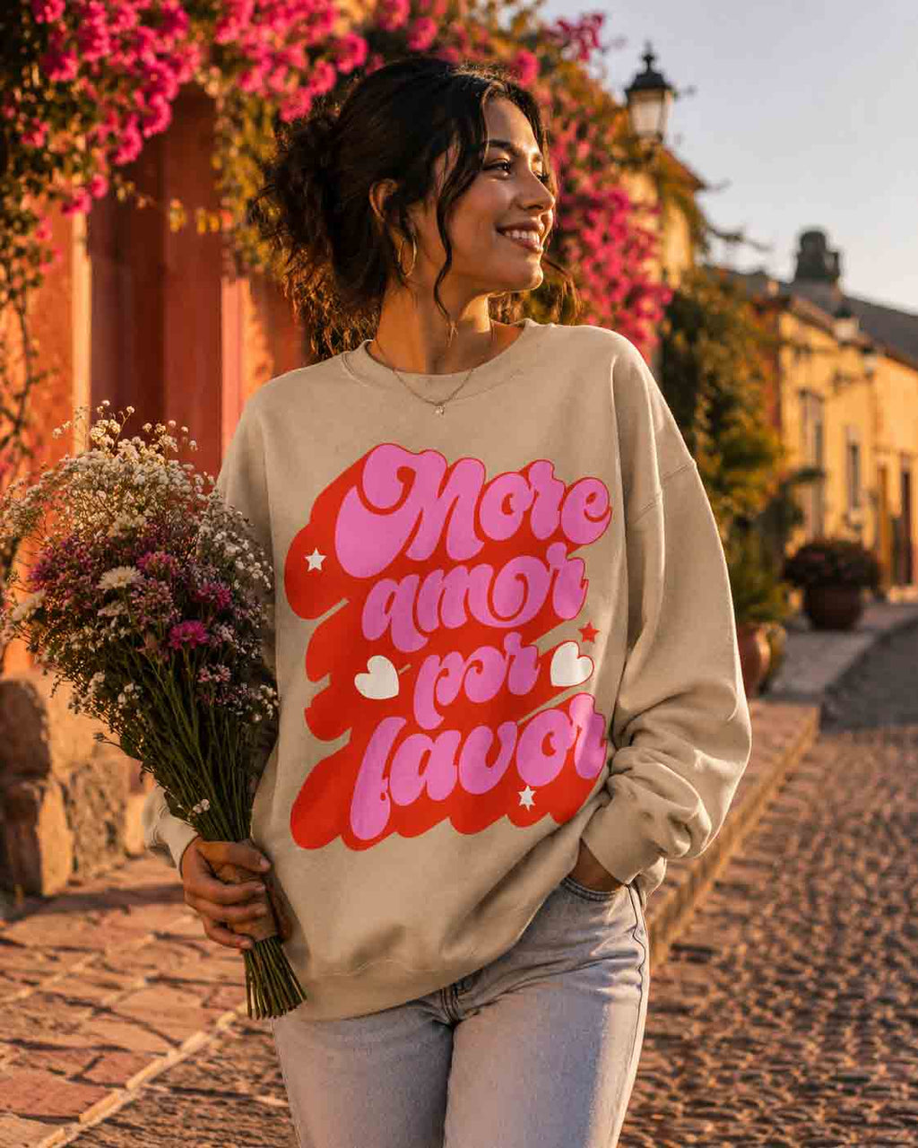 Women's cozy crewneck sweatshirt with More Amor Por Favor design.