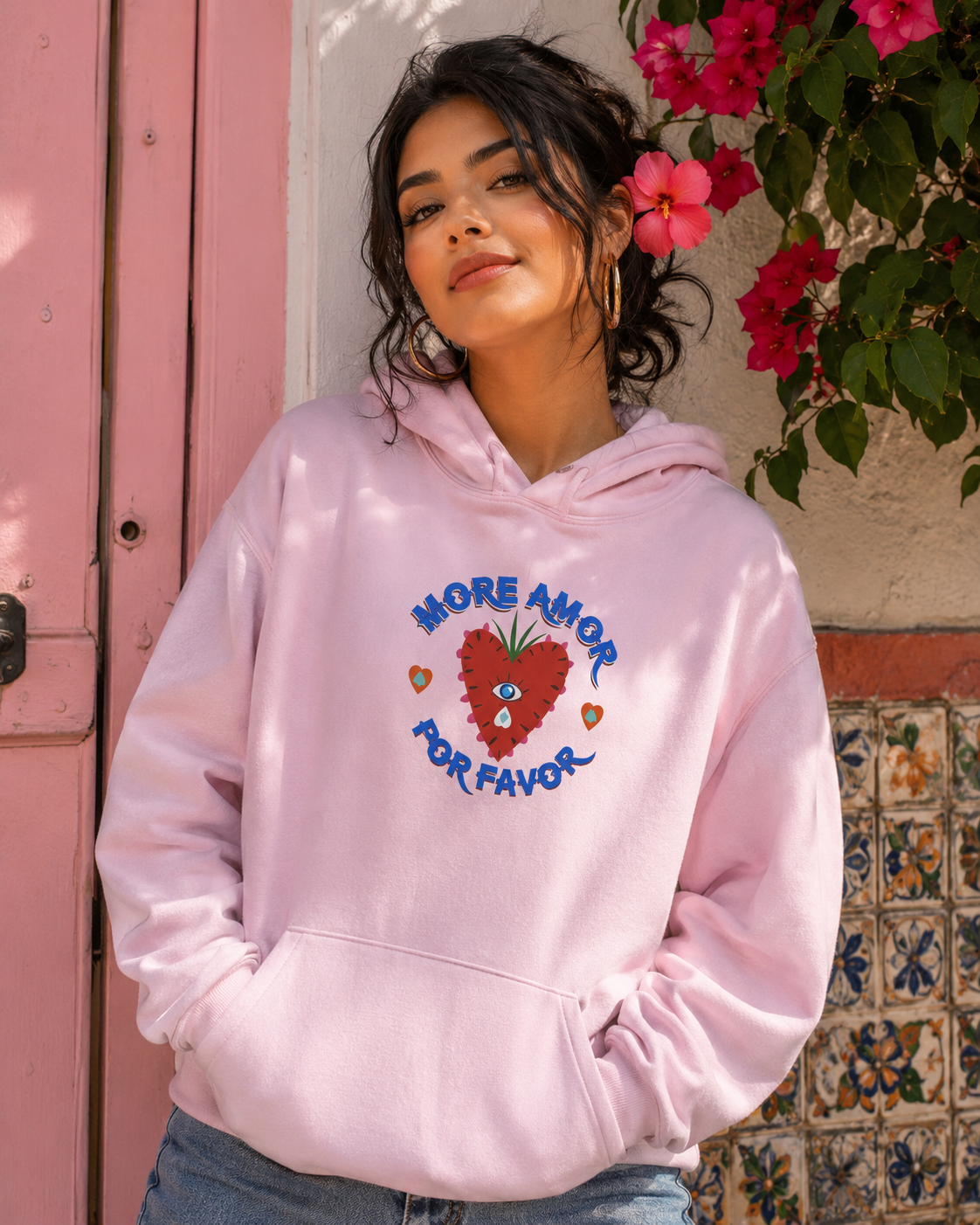 More Amor Por Favor cozy hoodie - cute heart graphic unisex pullover Latina love shirt