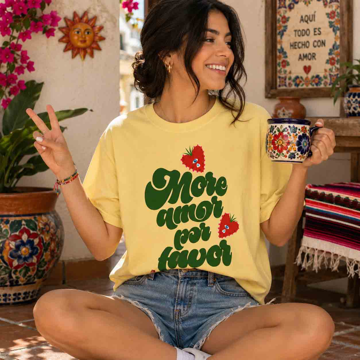 More Amor Por Favor garment-dyed tee closeup - retro script heart Comfort Colors design