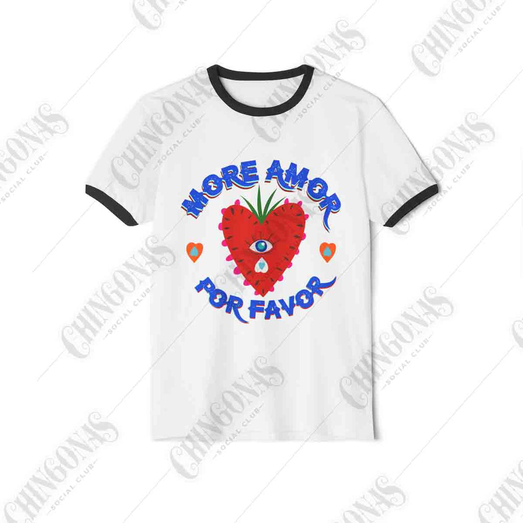 Ringer t-shirt with black trim featuring a red strawberry-heart with a blue third eye and the text More Amor Por Favor.
