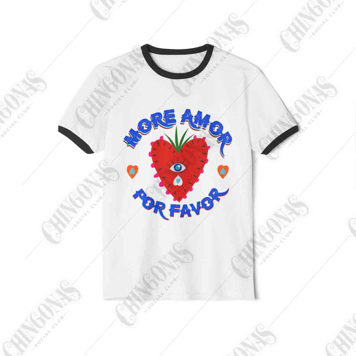 Ringer t-shirt with black trim featuring a red strawberry-heart with a blue third eye and the text More Amor Por Favor.