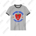 ringer t-shirt with black trim featuring a red strawberry-heart with a blue third eye and the text More Amor Por Favor.