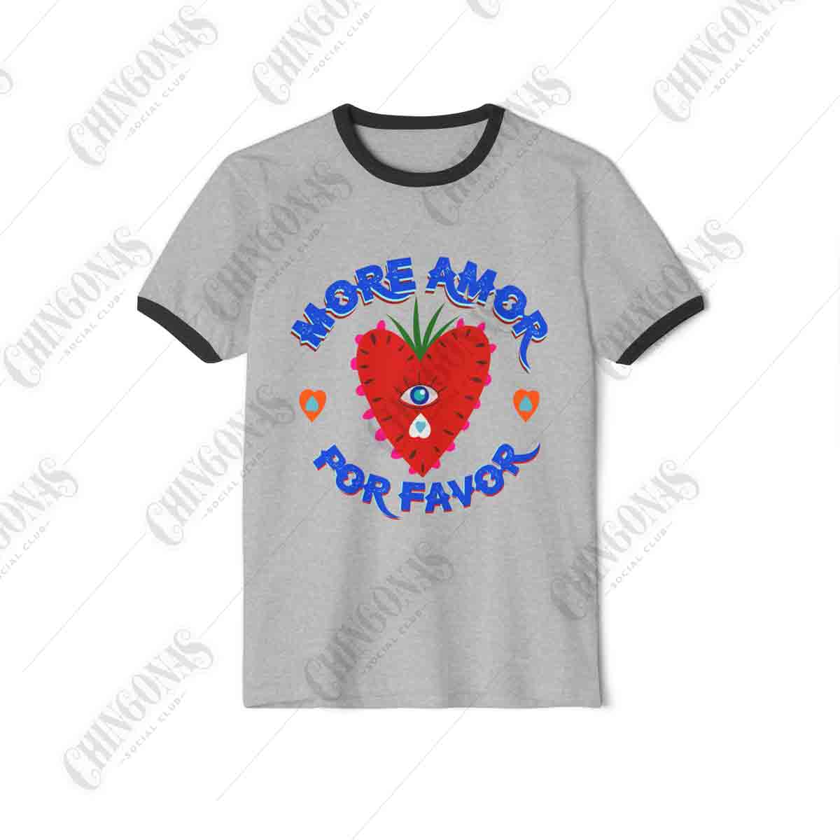 ringer t-shirt with black trim featuring a red strawberry-heart with a blue third eye and the text More Amor Por Favor.