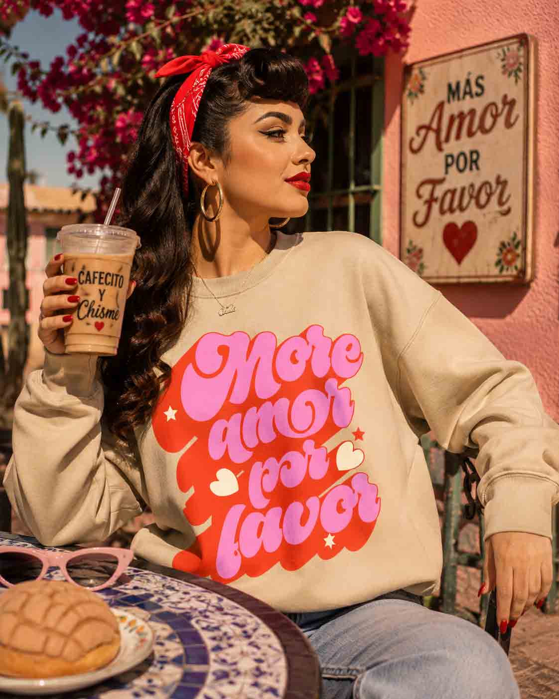 Retro beige sweatshirt with More Amor Por Favor graphic for Latina women.