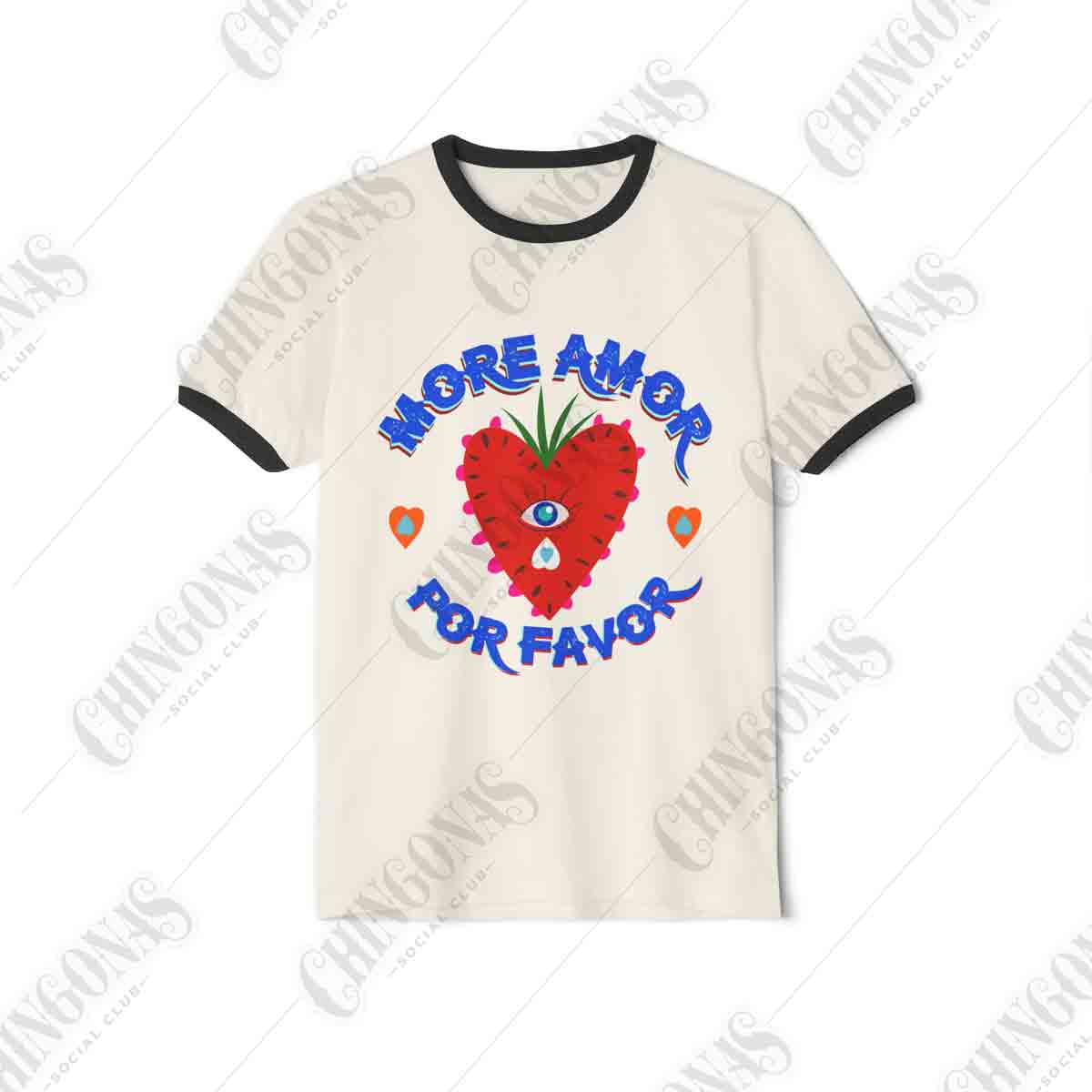 Ringer t-shirt with black trim featuring a red strawberry-heart with a blue third eye and the text More Amor Por Favor.