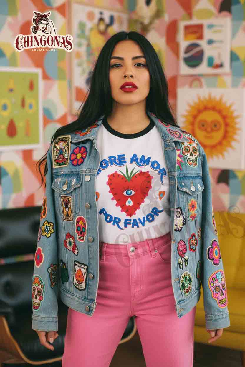 White ringer t-shirt with black trim featuring a red strawberry-heart with a blue third eye and the text More Amor Por Favor.
