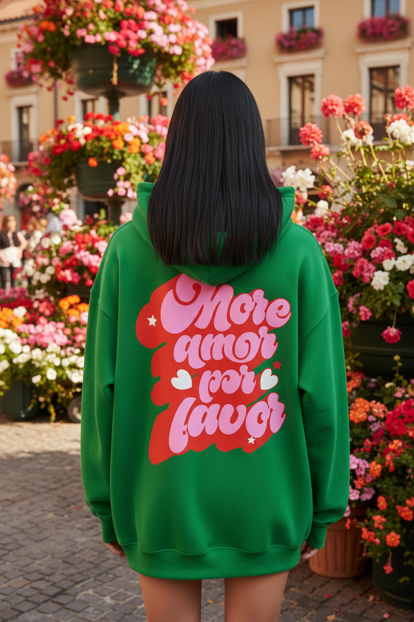 More Amor Por Favor Hoodie — Retro Pink & Red Heart Graphic Pullover