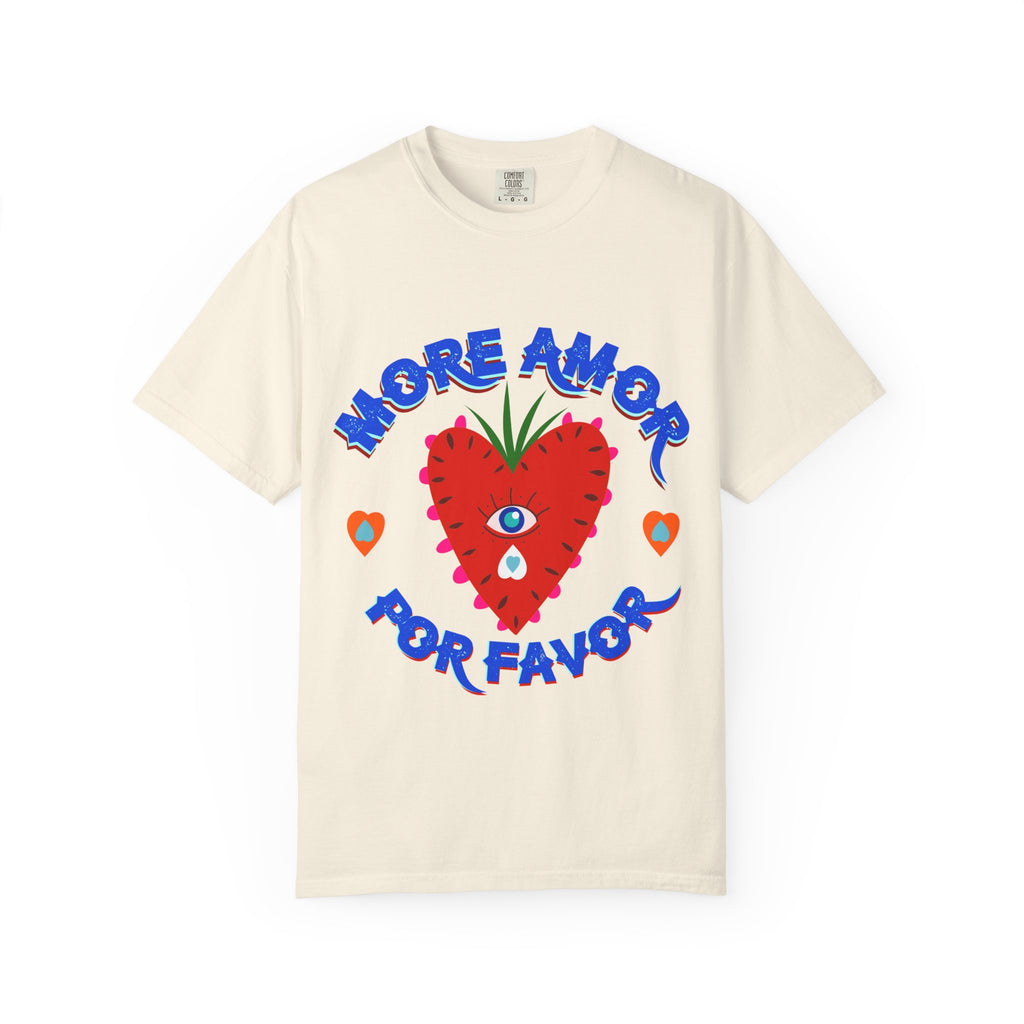 Retro strawberry heart graphic tee natural - More Amor Por Favor cute Latina gift