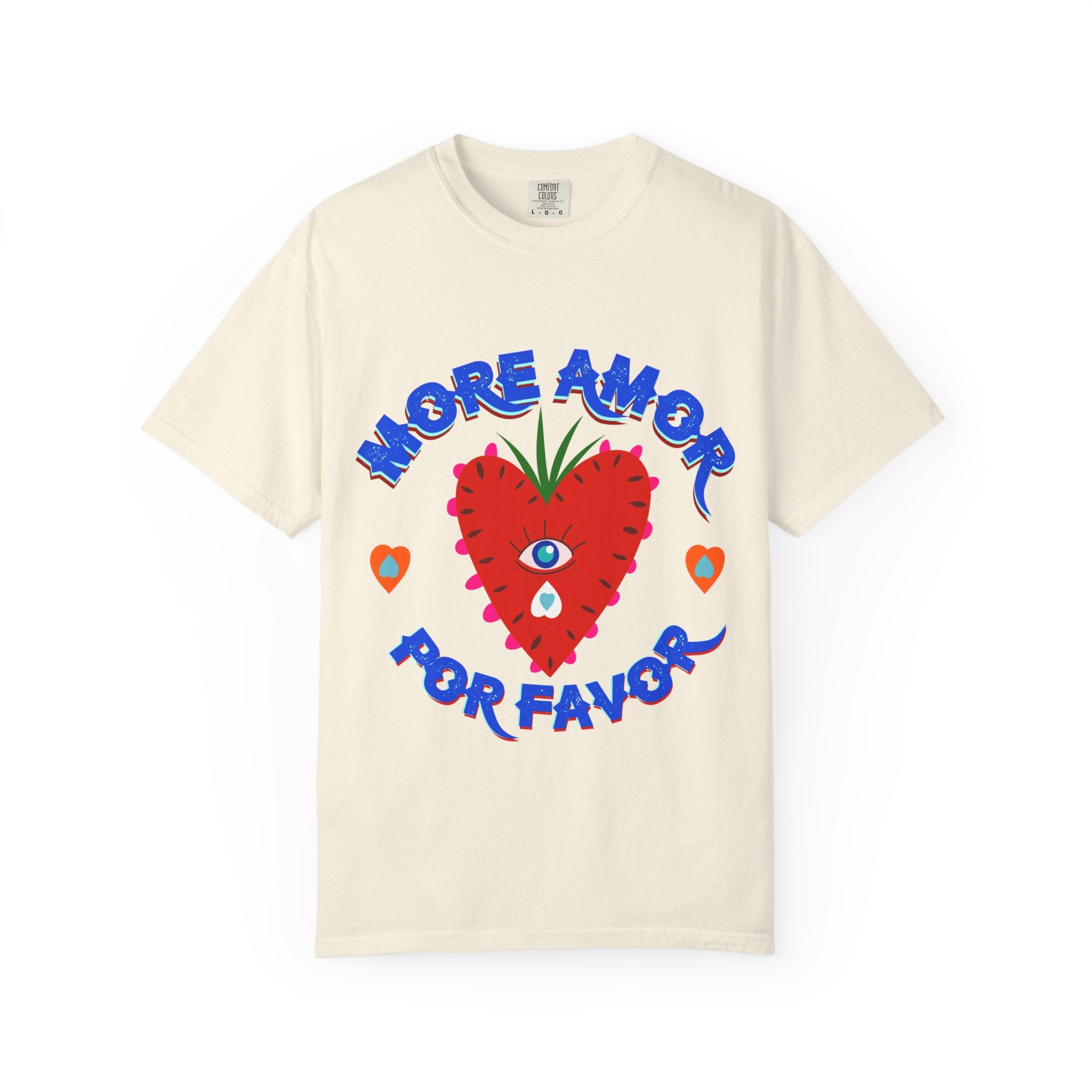 Retro strawberry heart graphic tee natural - More Amor Por Favor cute Latina gift