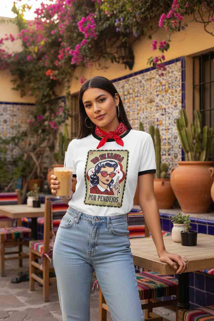 No Se Llora Por Pendejos white black ringer tee - retro Latina statement contrast collar shirt