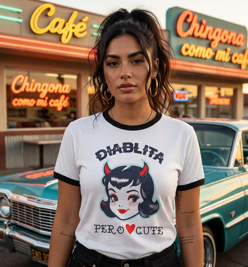 Latina woman wearing retro Diablita Pero Cute ringer t-shirt with vintage chicana aesthetic and classic lowrider background