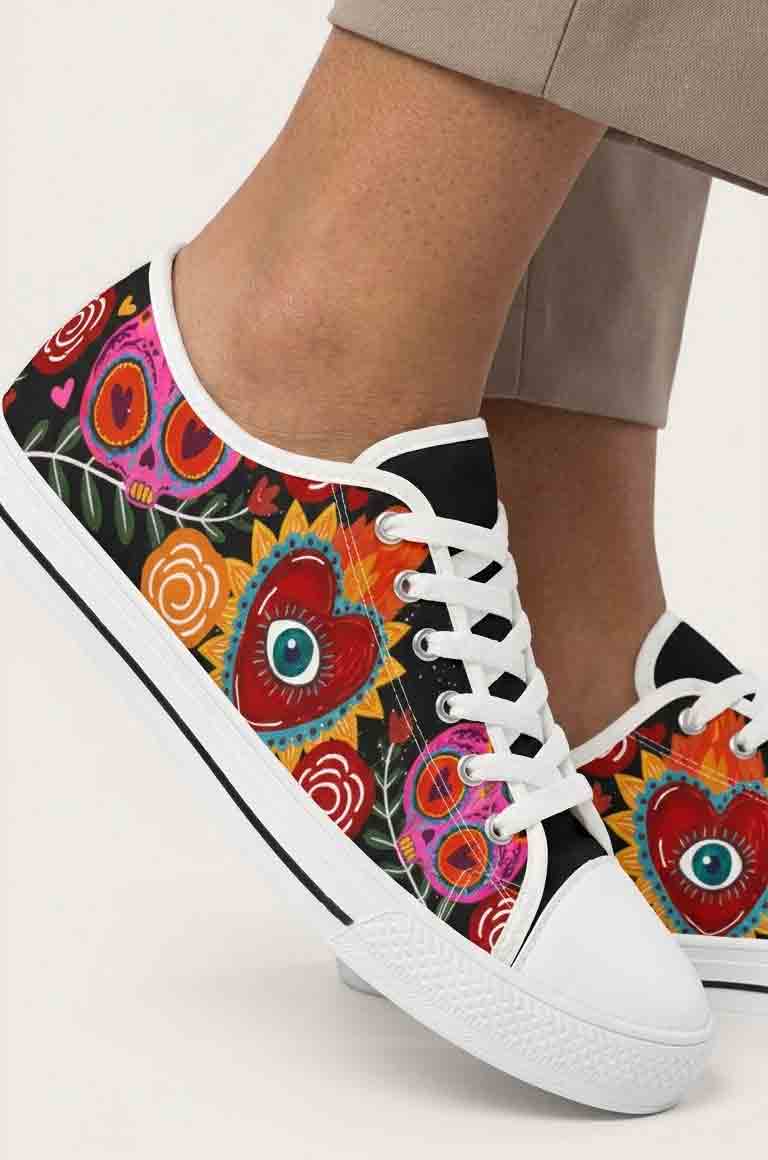 Heart and eye floral low-top shoes top view - boho spiritual print canvas women shoes