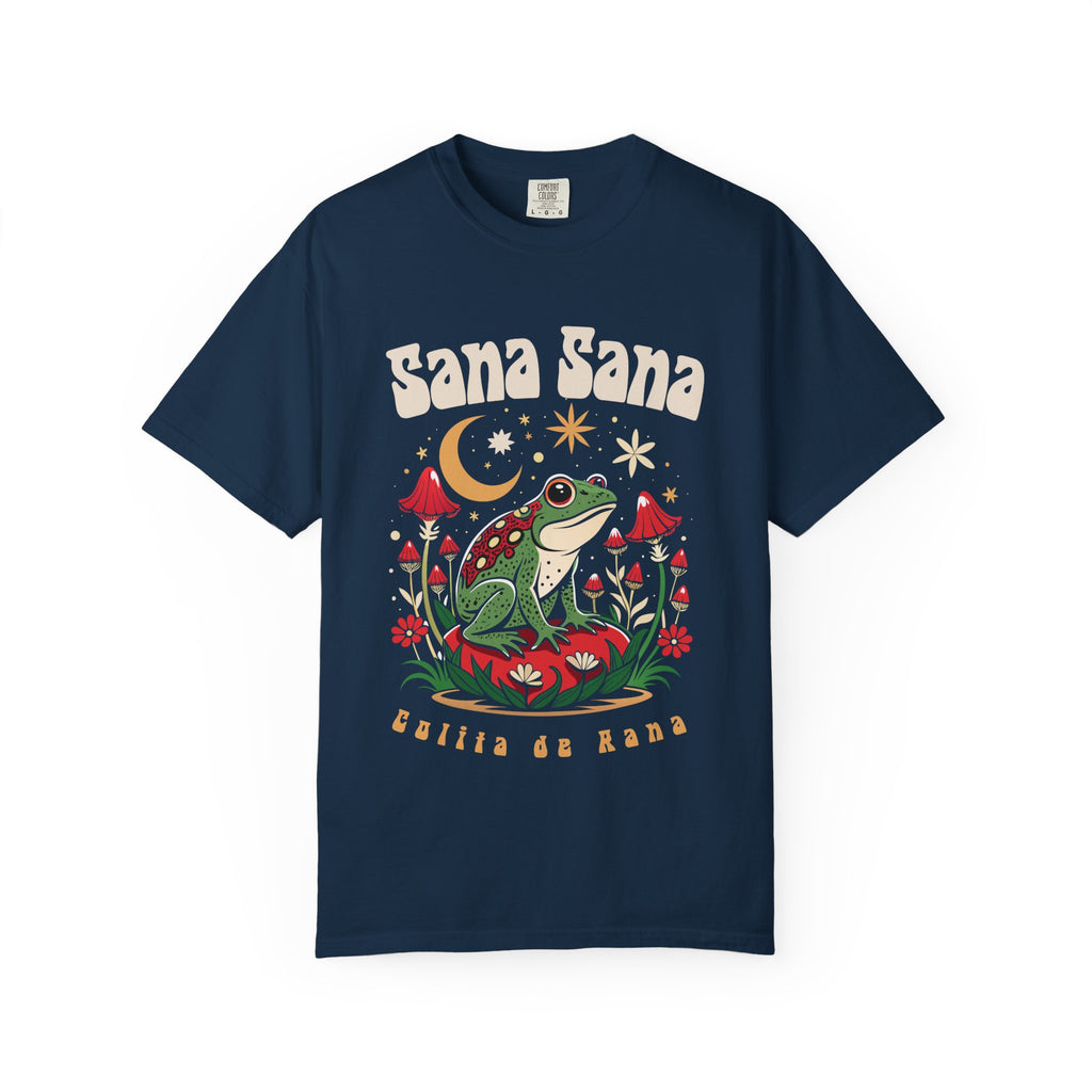 Sana Sana Colita de Rana magical frog tee true navy - Latina childhood saying graphic shirt