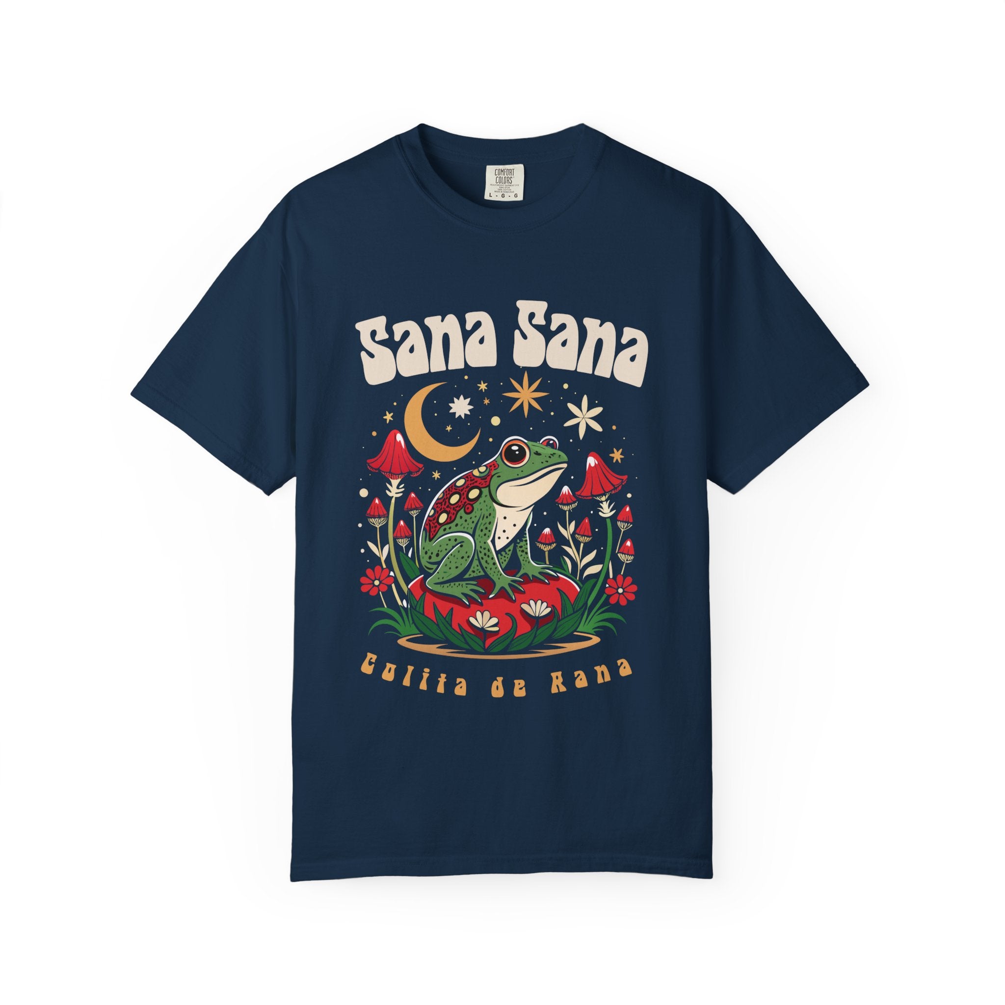 Sana Sana Colita de Rana magical frog tee true navy - Latina childhood saying graphic shirt