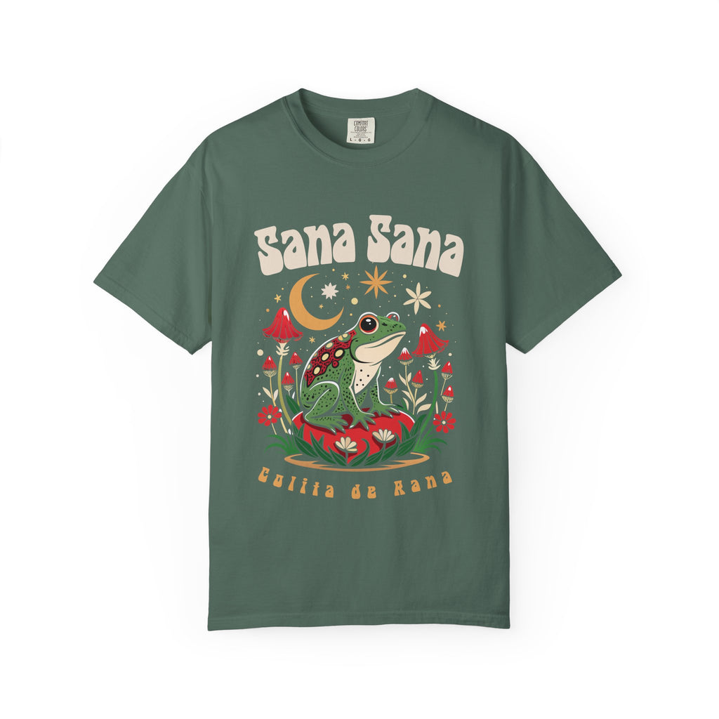 Sana Sana frog mushroom graphic tee black - whimsical Latina nostalgia Comfort Colors shirt