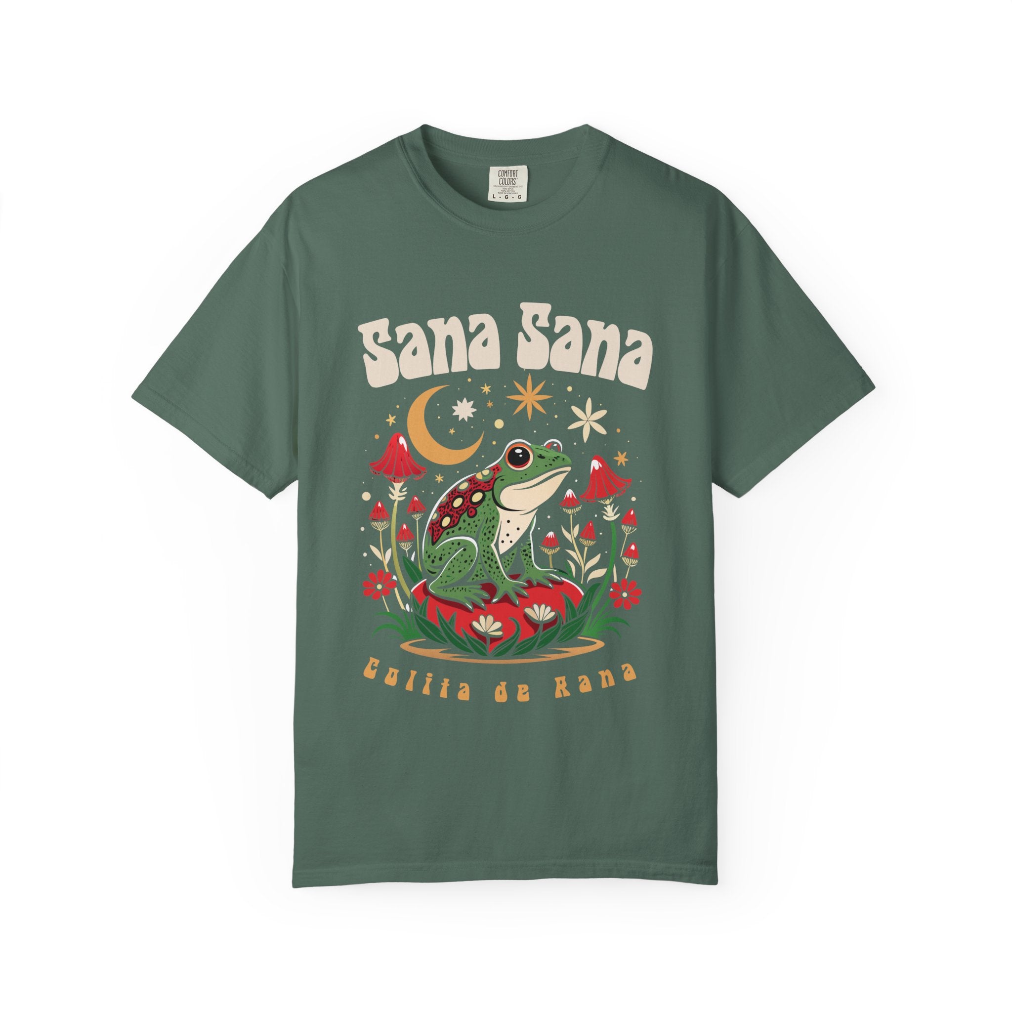 Sana Sana frog mushroom graphic tee black - whimsical Latina nostalgia Comfort Colors shirt