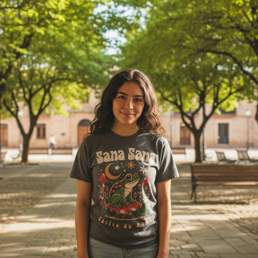 Whimsical frog mushroom tee for Latinas - Sana Sana Colita de Rana nostalgic shirt gift