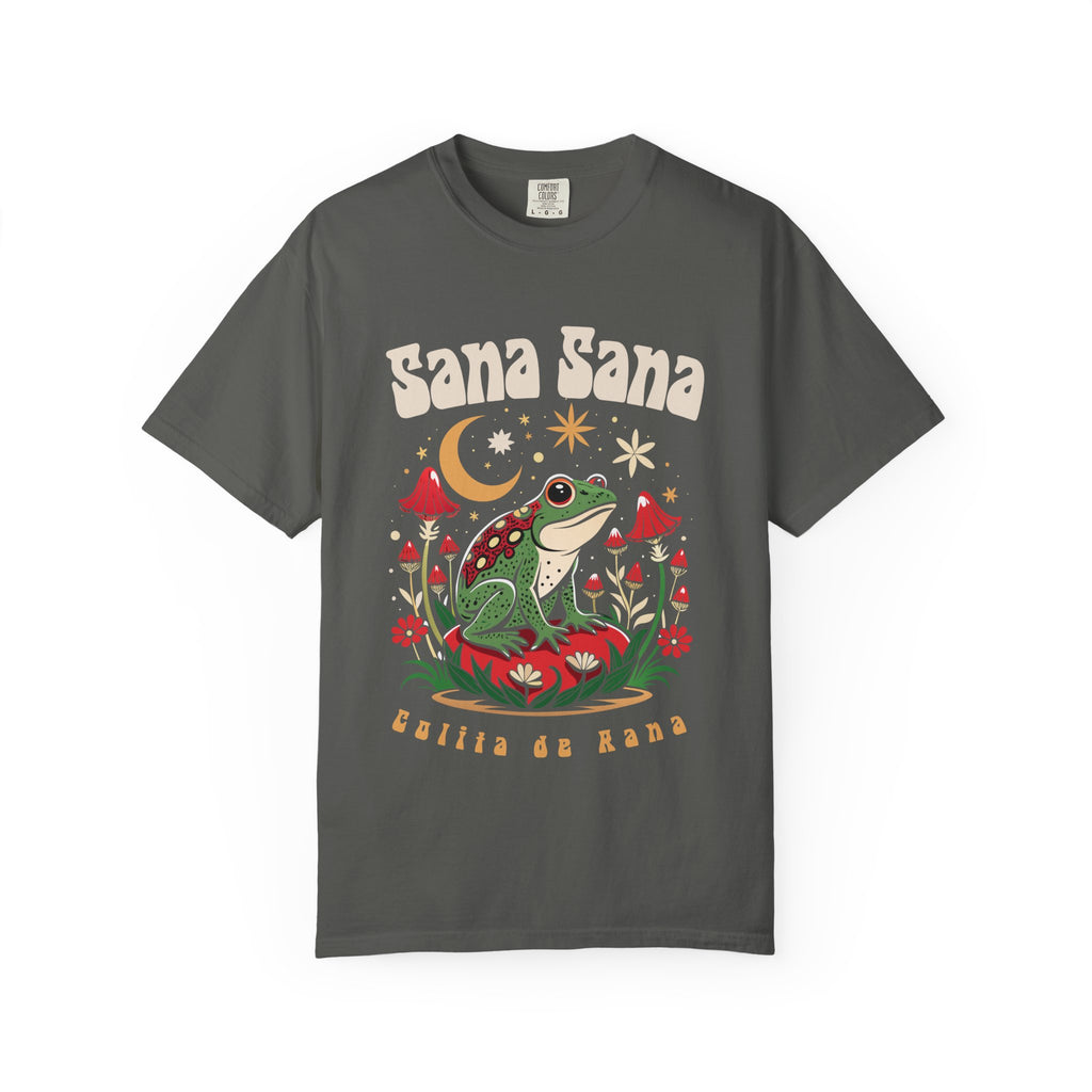 Sana Sana Colita de Rana blue spruce tee - magical frog crescent moon chicana graphic