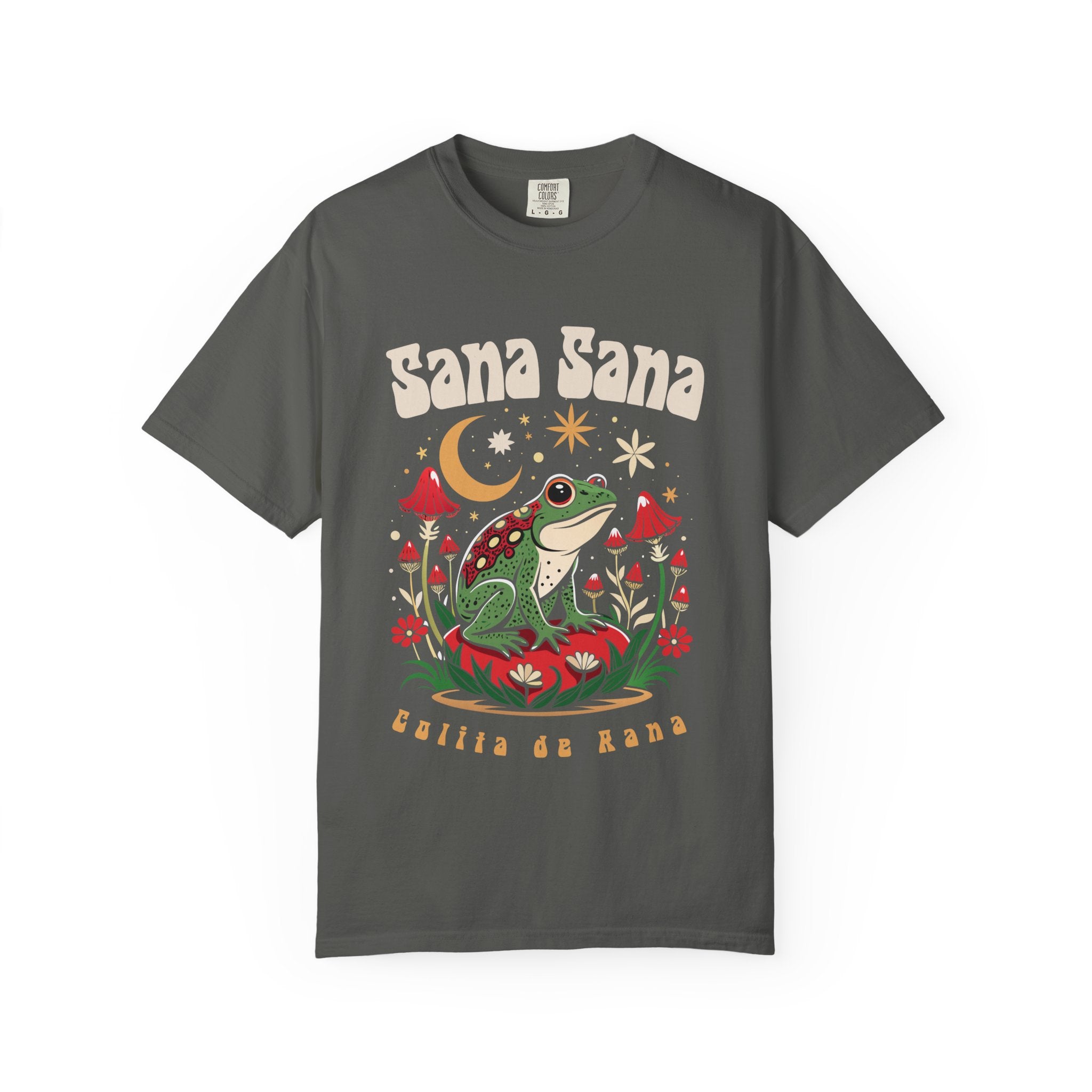 Sana Sana Colita de Rana blue spruce tee - magical frog crescent moon chicana graphic