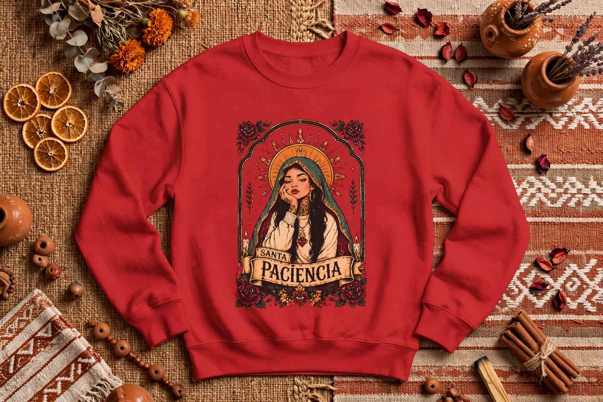 Santa Paciencia crewneck sweatshirt red - retro saint rose spiritual Latina pullover