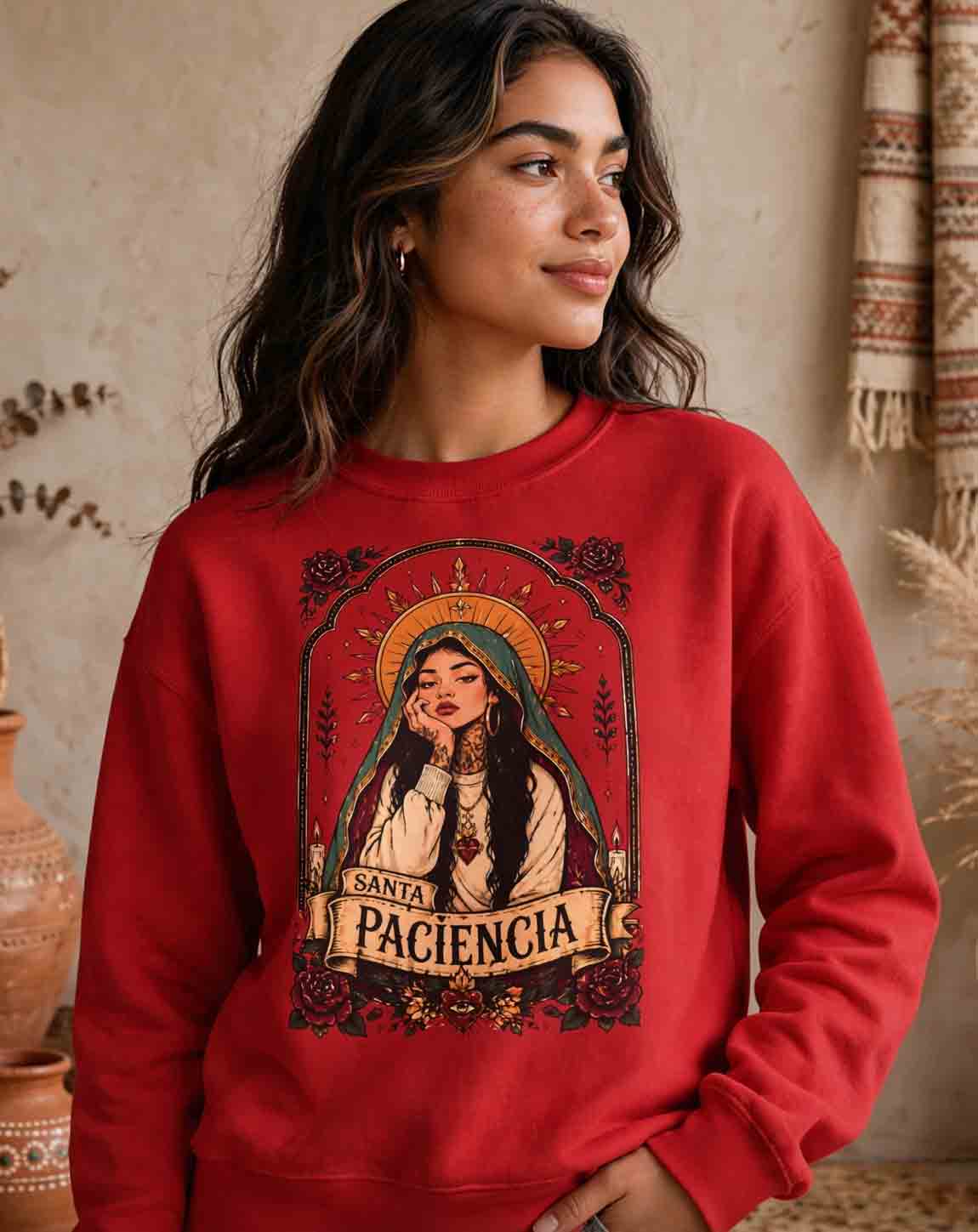Paciencia crewneck sweatshirt red - retro saint rose spiritual Latina pullover