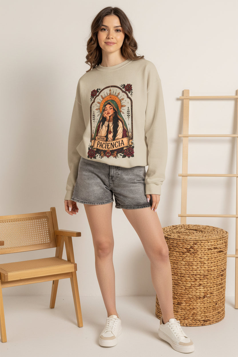 Paciencia crewneck lifestyle 1 - retro saint rose spiritual Latina sweatshirt gift