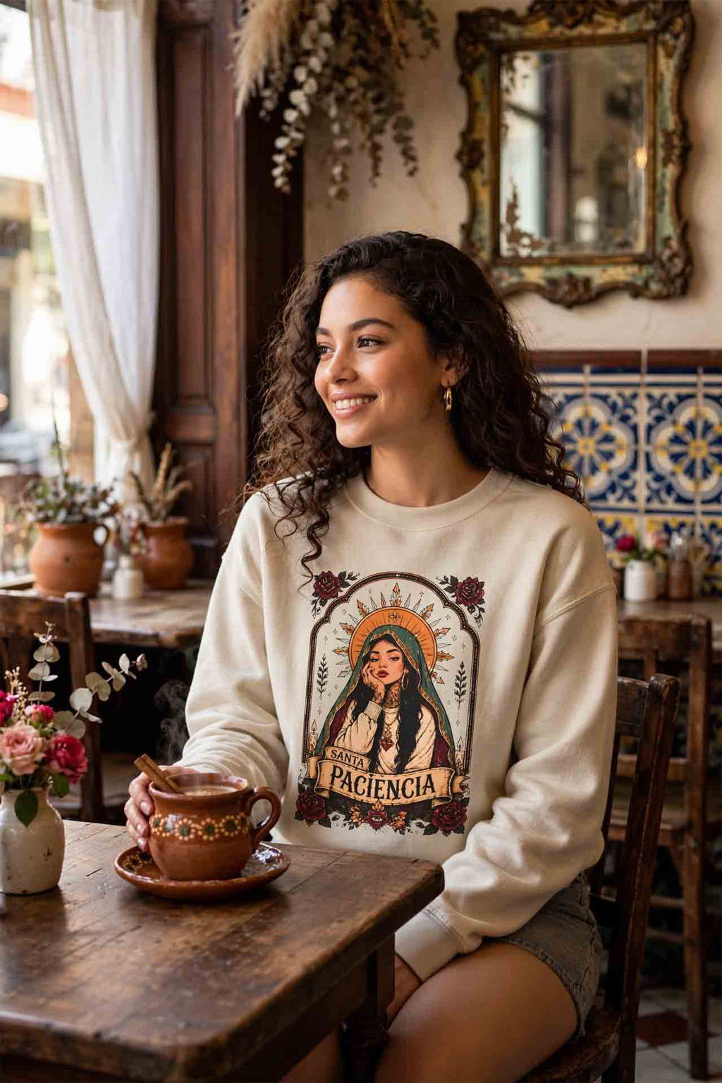 Santa Paciencia crewneck sweatshirt red - retro saint rose spiritual Latina pullover
