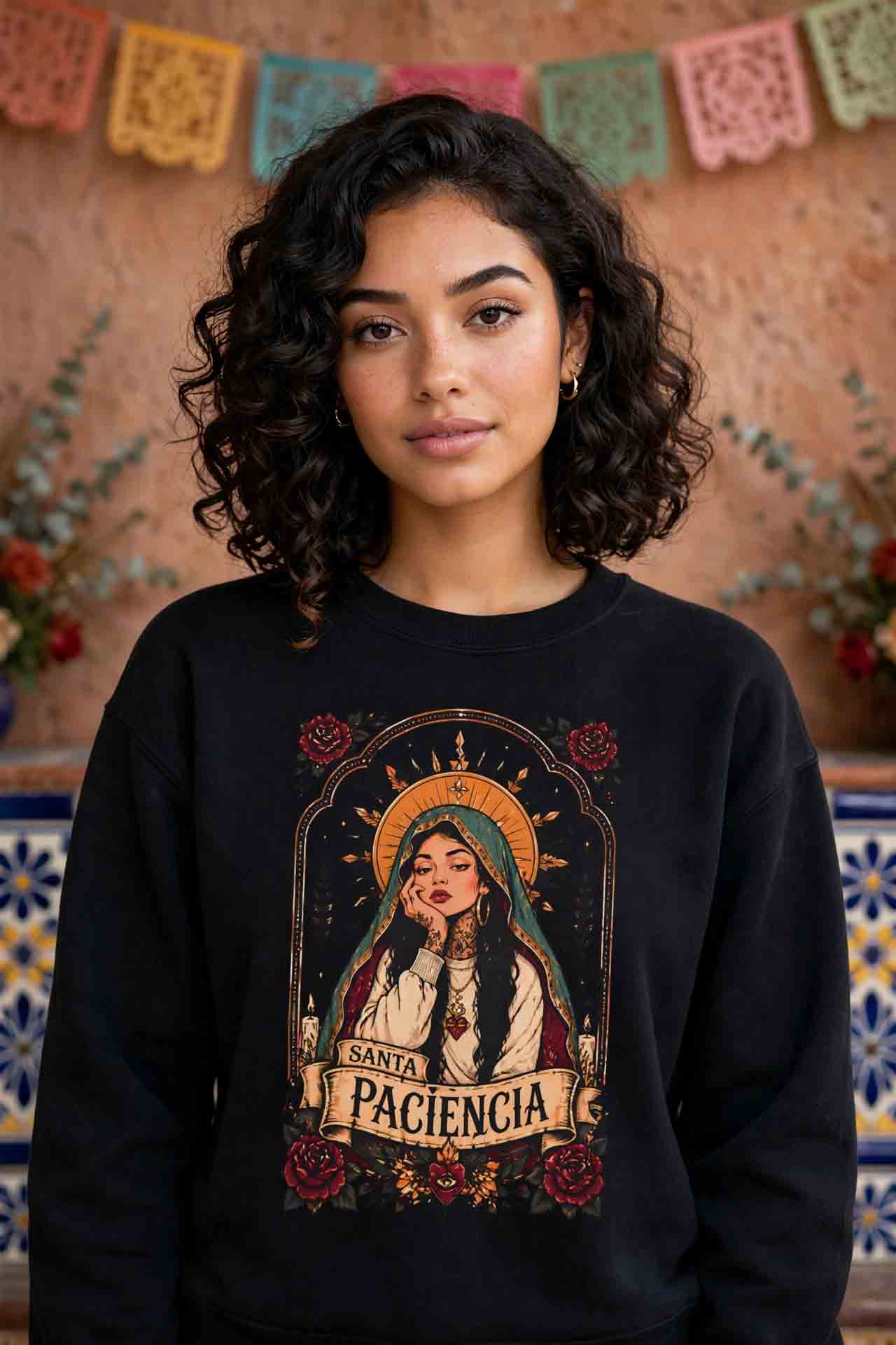 Santa Paciencia crewneck sweatshirt red - retro saint rose spiritual Latina pullover