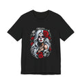 Black t-shirt with a detailed graphic of a silver-haired Catrina with red roses and skulls, representing Mexican Dia de los Muertos.