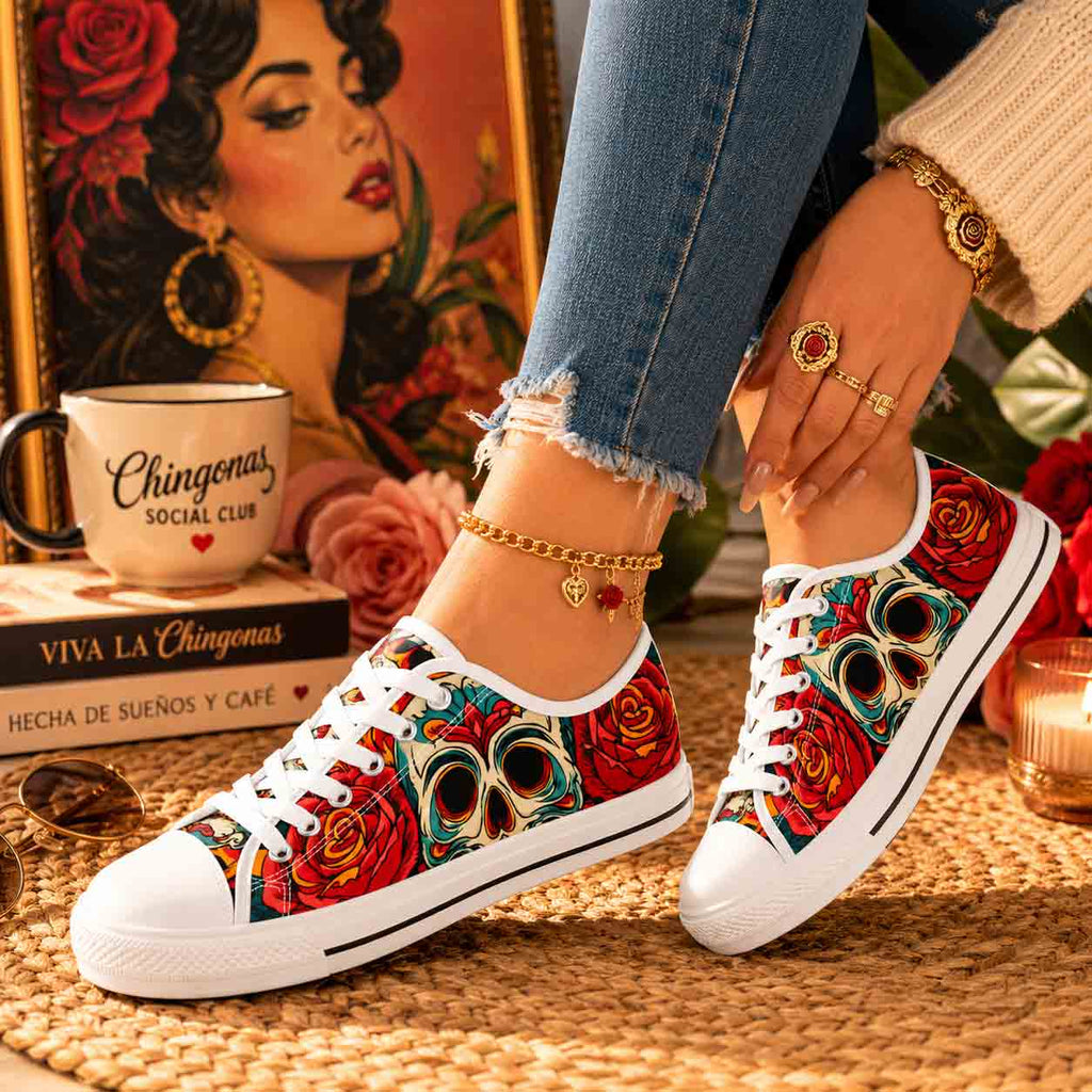 Skull and rose gothic low-top sneakers side view - Day of Dead floral canvas women shoes