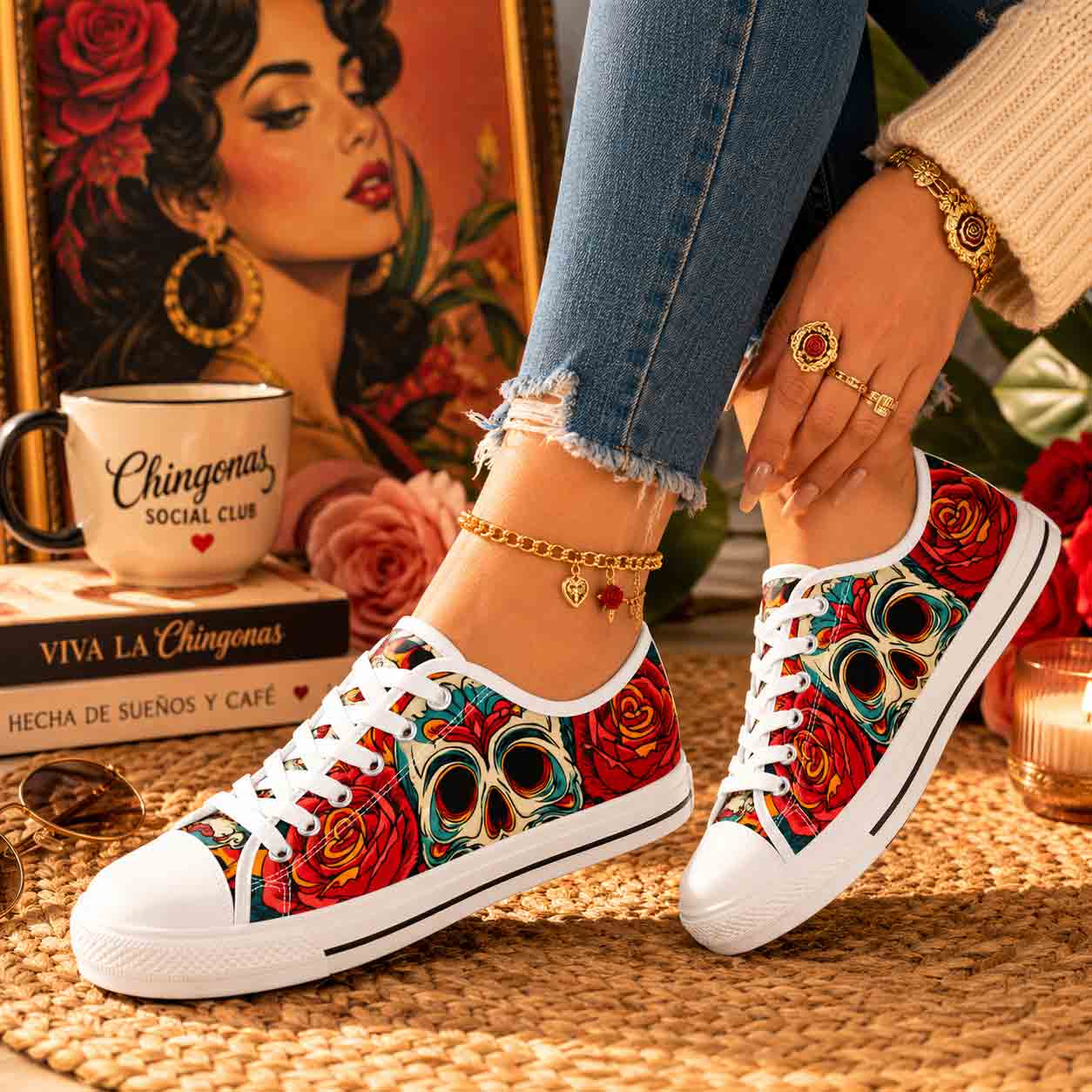 Skull and rose gothic low-top sneakers side view - Day of Dead floral canvas women shoes