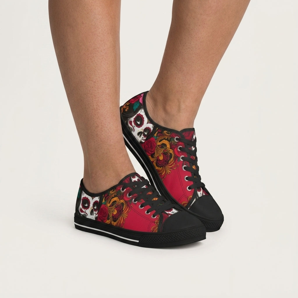 Day of the Dead sugar skull low-top sneakers side view - floral red canvas women's shoes