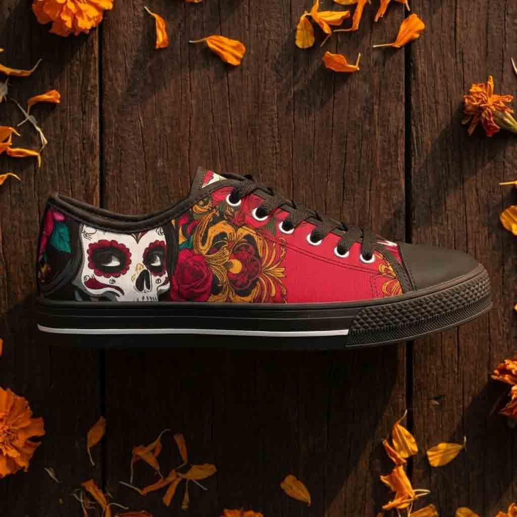 Day of the Dead sugar skull low-top sneakers side view - floral red canvas women's shoes