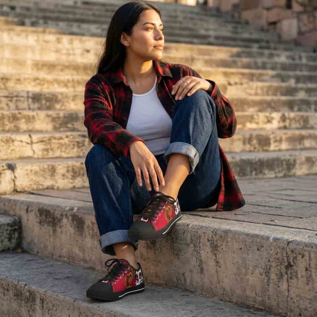 Day of the Dead Sugar Skull Low-Top Sneakers | Floral Red Canvas Women's Shoes