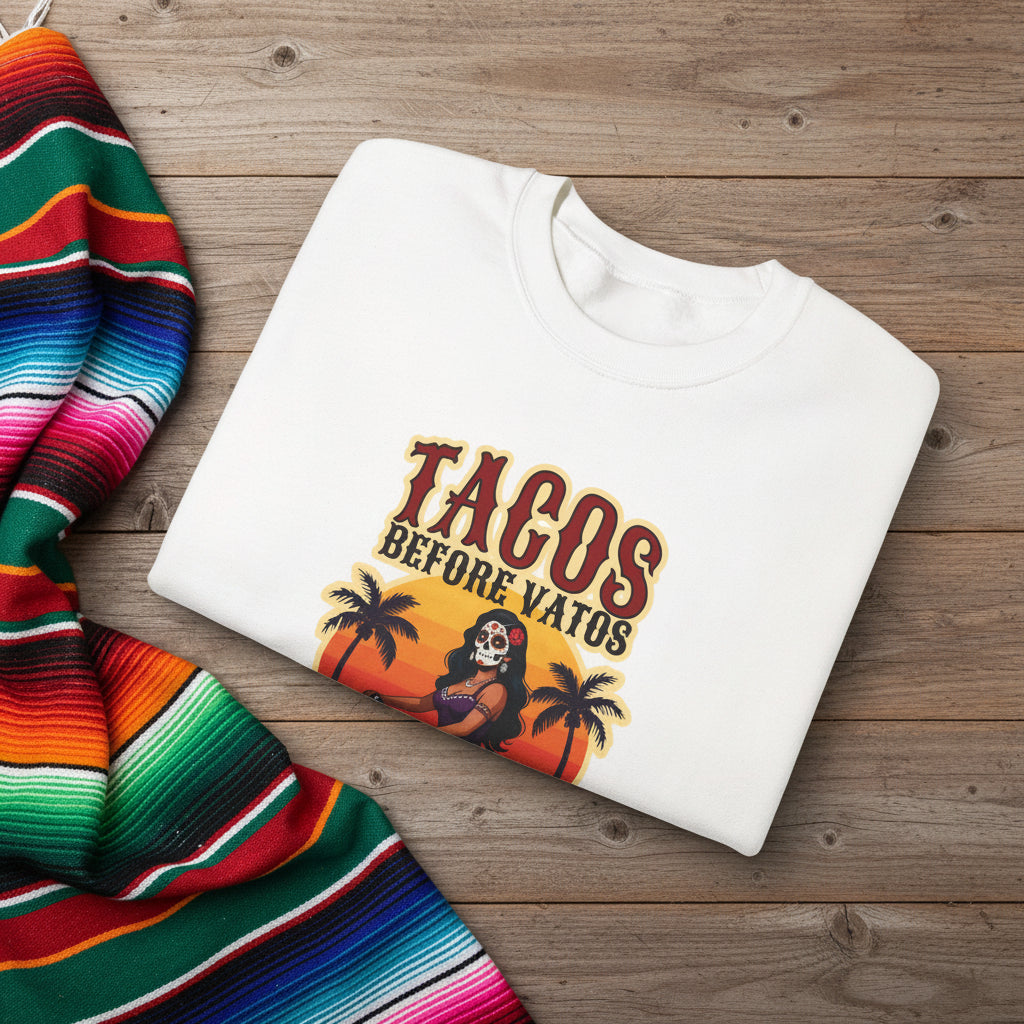 Tacos Before Vatos Sweatshirt — Vintage Chicana Motorcycle Graphic Crewneck