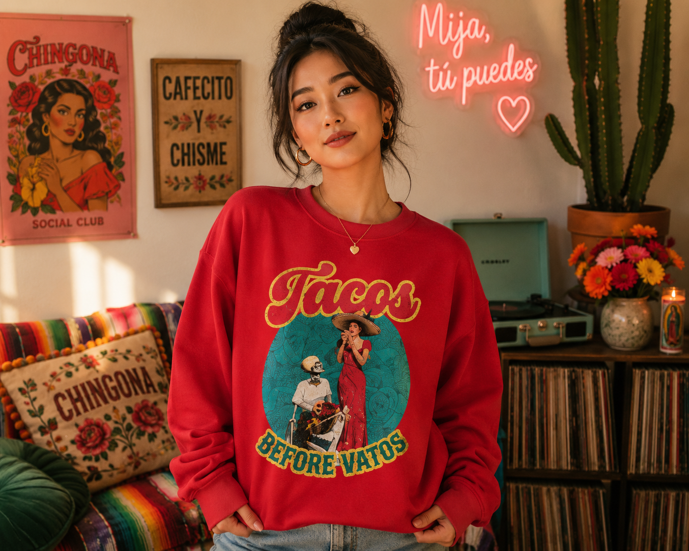 Tacos Before Vatos crewneck sweatshirt in red - vintage taco lover Latina pullover