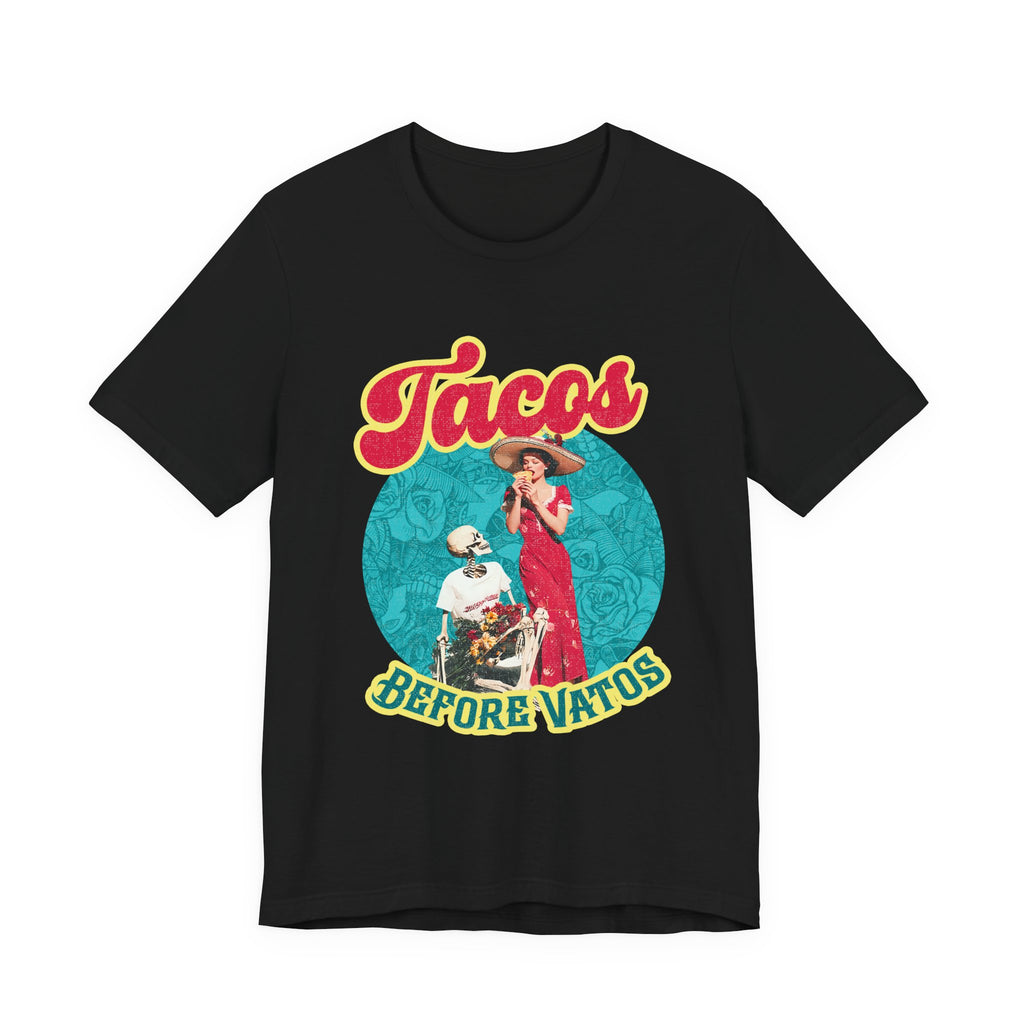 Tacos Before Vatos retro graphic t-shirt in black - funny Latina Mexican food tee