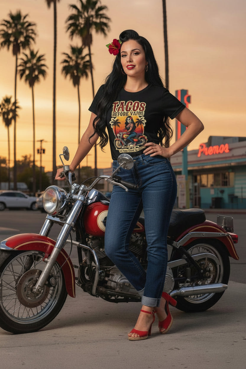 Retro biker t-shirt with a woman riding a motorcycle, sunset background, and the text Tacos Before Vatos I'm Nice Pero No Te Pases.
