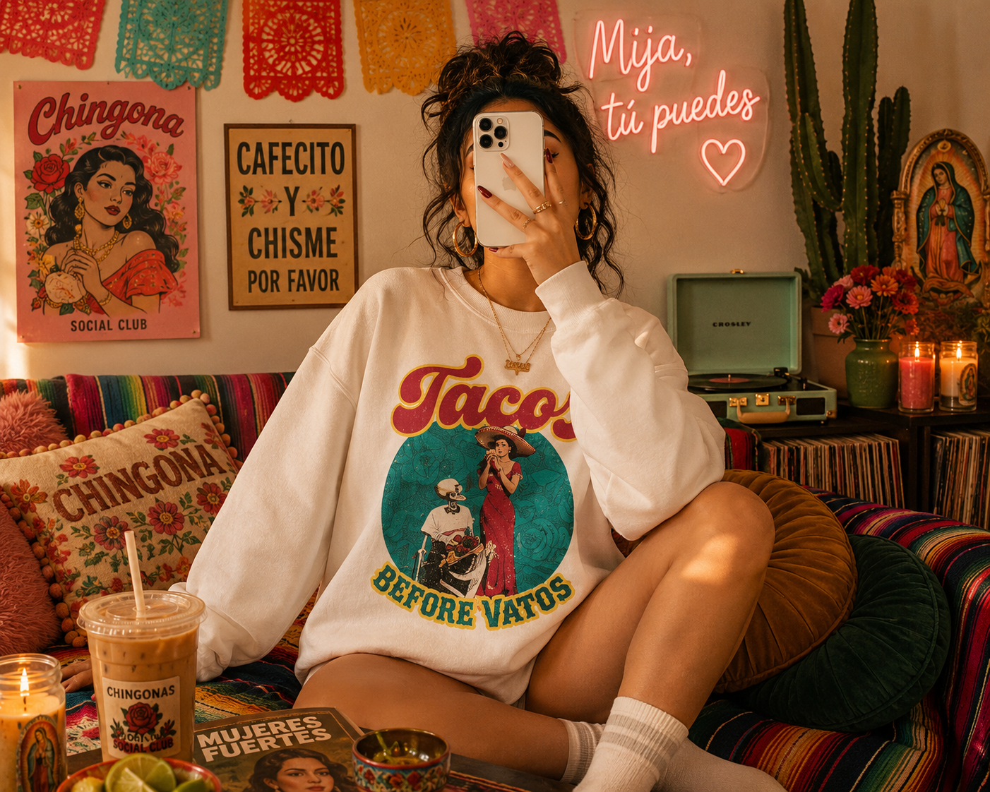 Tacos Before Vatos crewneck sweatshirt in black - vintage taco lover Latina pullover
